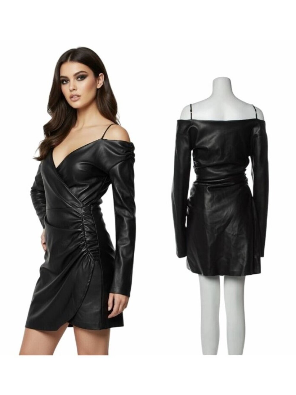 ⭐Nanushka Black Leather Look Women's Mini Dress Cold Shoulder Wrap V-Neck Small